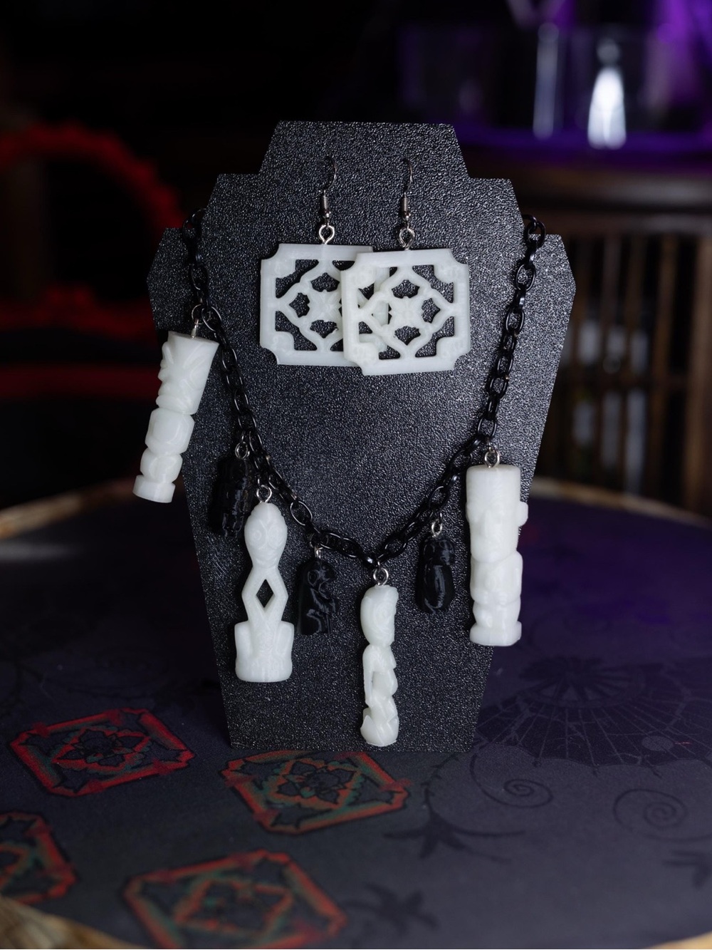 Black Chain Necklace with White Carved Pendant Charms - Women Jewelry